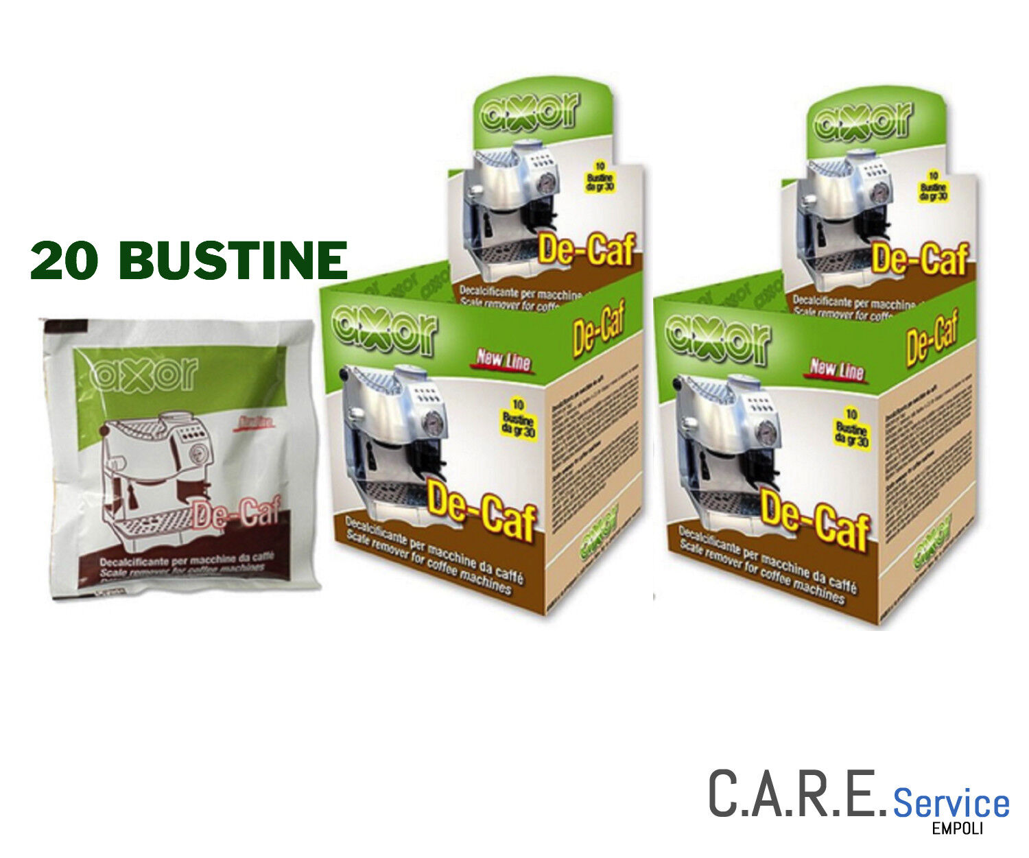 20 BUSTINE DA 30gr DECALCIFICANTE AXOR DE-CAF PER CAFFETTIERA MACCHINA CAFFE'