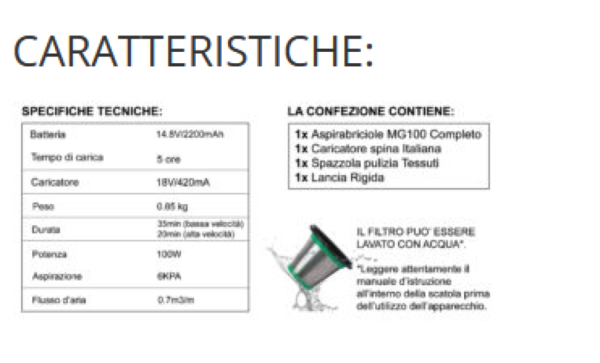 ASPIRABRICIOLE MG100 RICARICABILE SENZA SACCHETTO 100W