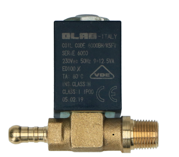 Elettrovalvola OLAB attacco maschio 1/8 picc. con portagomma 90° dritto 80° C