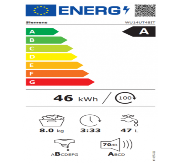 SIEMENS Lavatrice a Carica Frontale, Serie iQ500, Capacità 8 Kg, Classe Energetica A, Bianco - WU14UT48IT